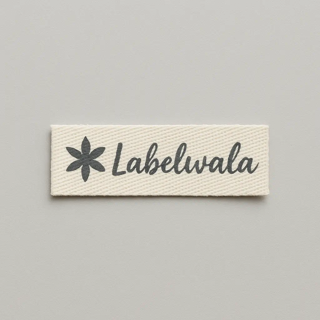 Custom cotton label with Labelwala script print on natural cotton twill