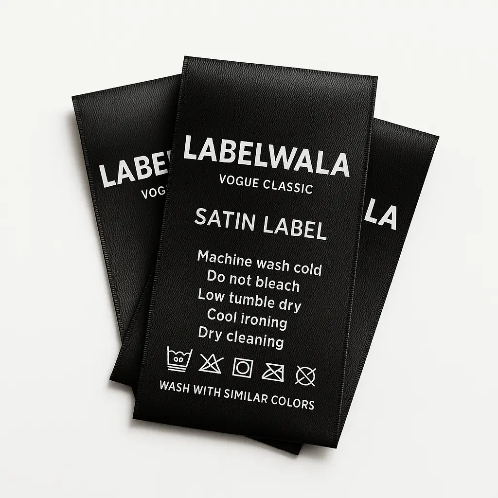 Custom satin care label with wash symbols and fibre content