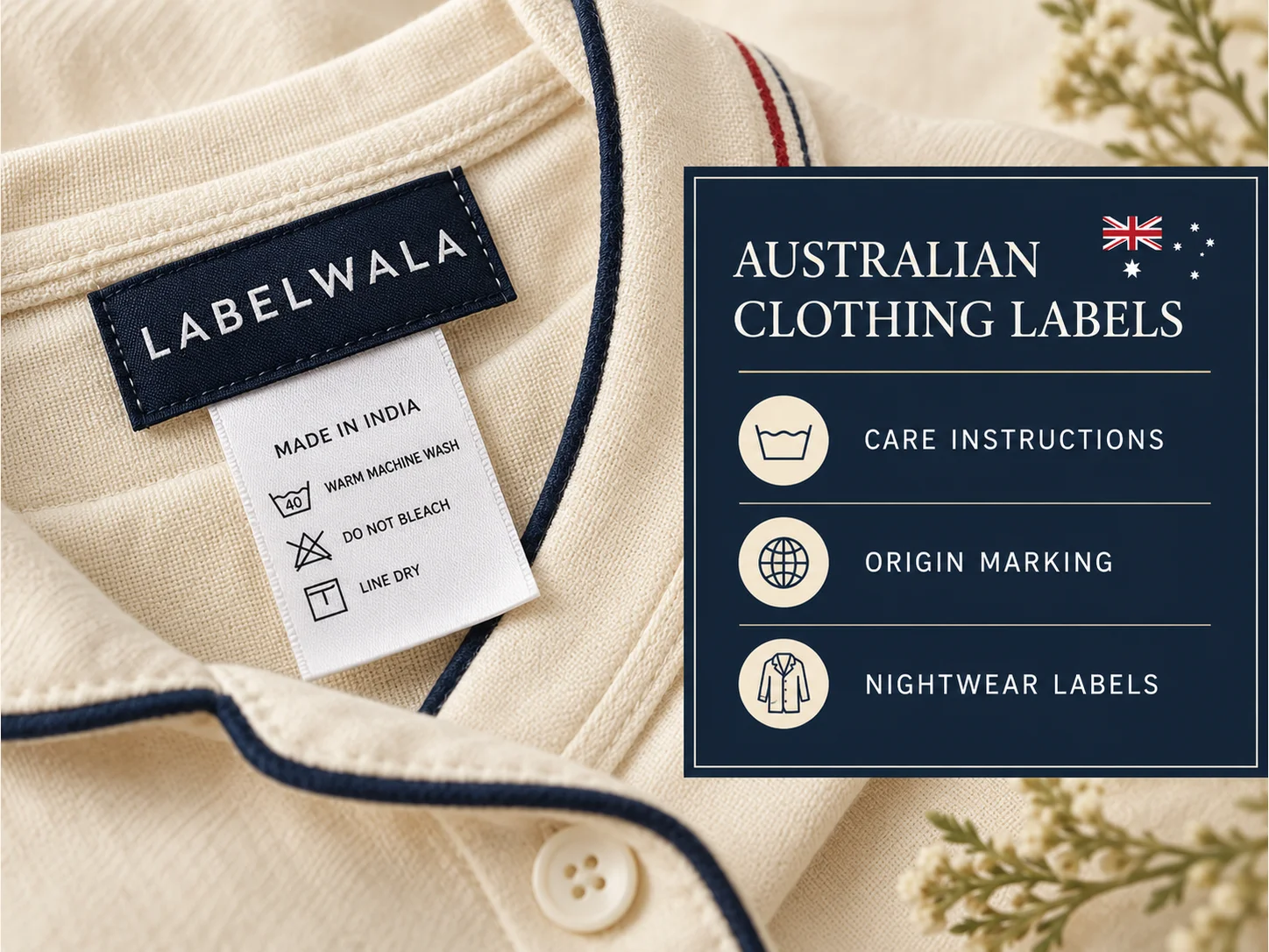 Cream garment with Labelwala woven tag, printed origin and care instructions, and an Australian clothing labels checklist.