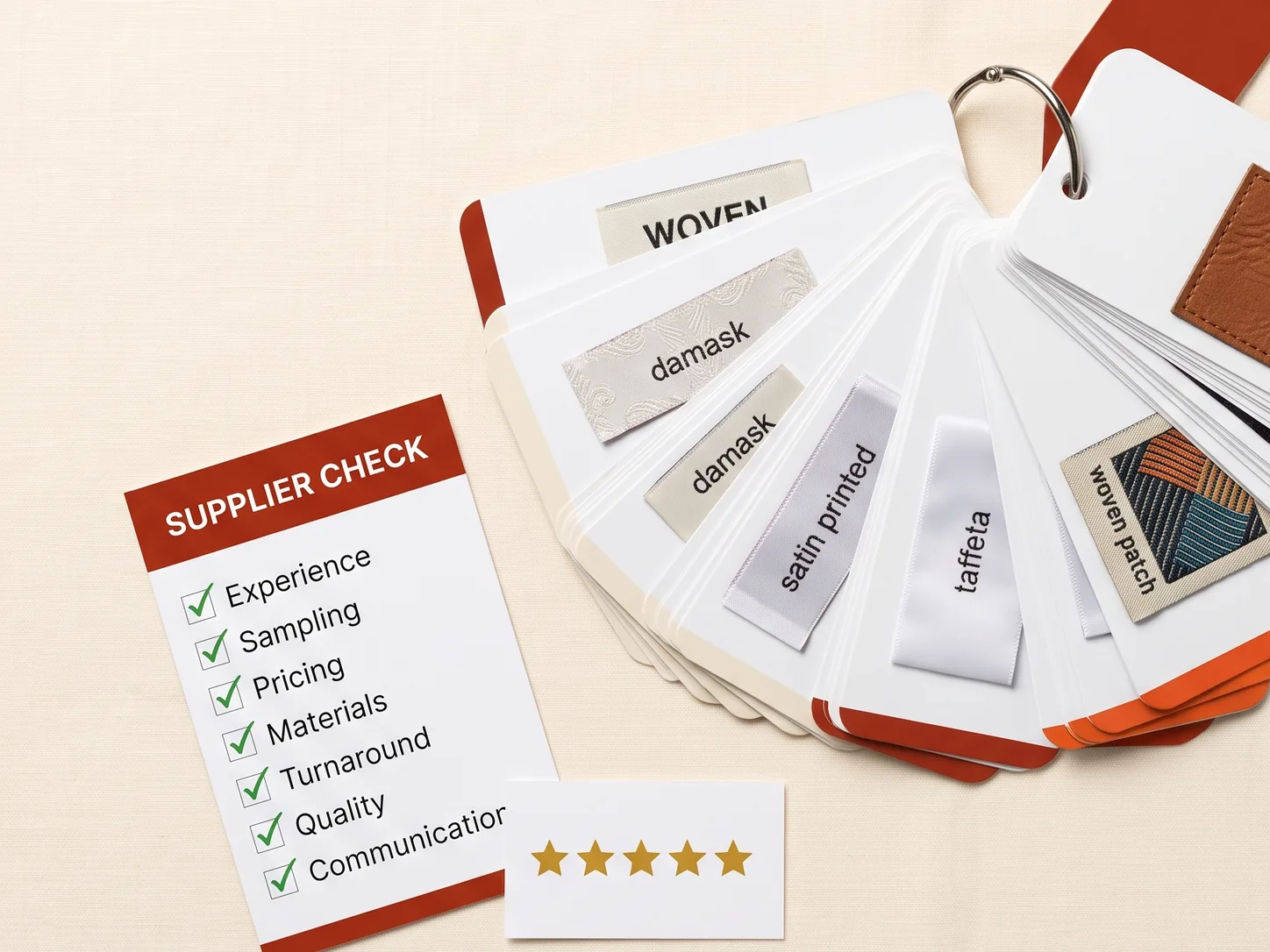 Choosing a custom label manufacturer in India: a ring binder of label-type swatches (woven, damask, satin printed, taffeta, woven patch), a supplier checklist all ticked, and a five-star rating