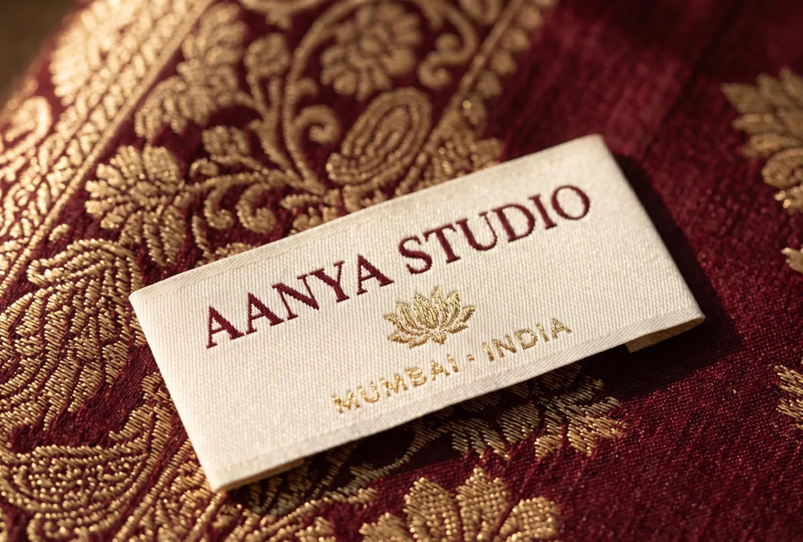 Cream woven brand label printed Aanya Studio · Mumbai · India with a gold lotus emblem, stitched onto a maroon and gold zari brocade saree fabric — example of a premium boutique label for ethnic-wear brands