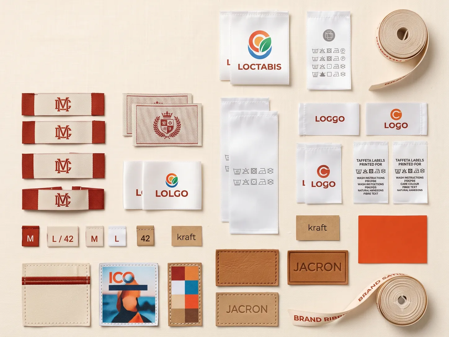 A wholesale range of custom clothing labels laid out: woven brand labels, damask crest patches, satin and taffeta care labels, size tabs, kraft tags, jacron leather patches, printed patches and brand ribbons