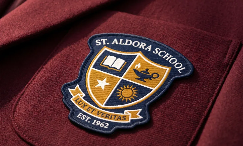 School uniform label with embroidered crest: woven school name tag for blazers and shirts