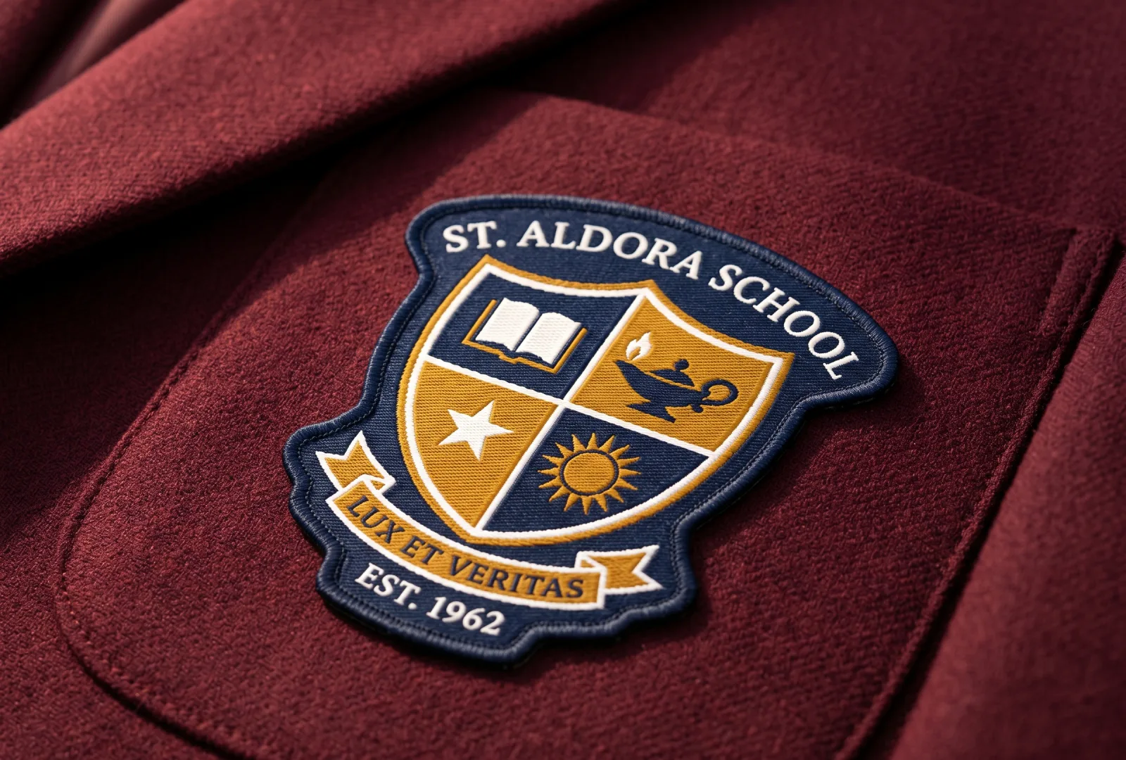 School uniform label with embroidered crest — woven school name tag for blazers and shirts