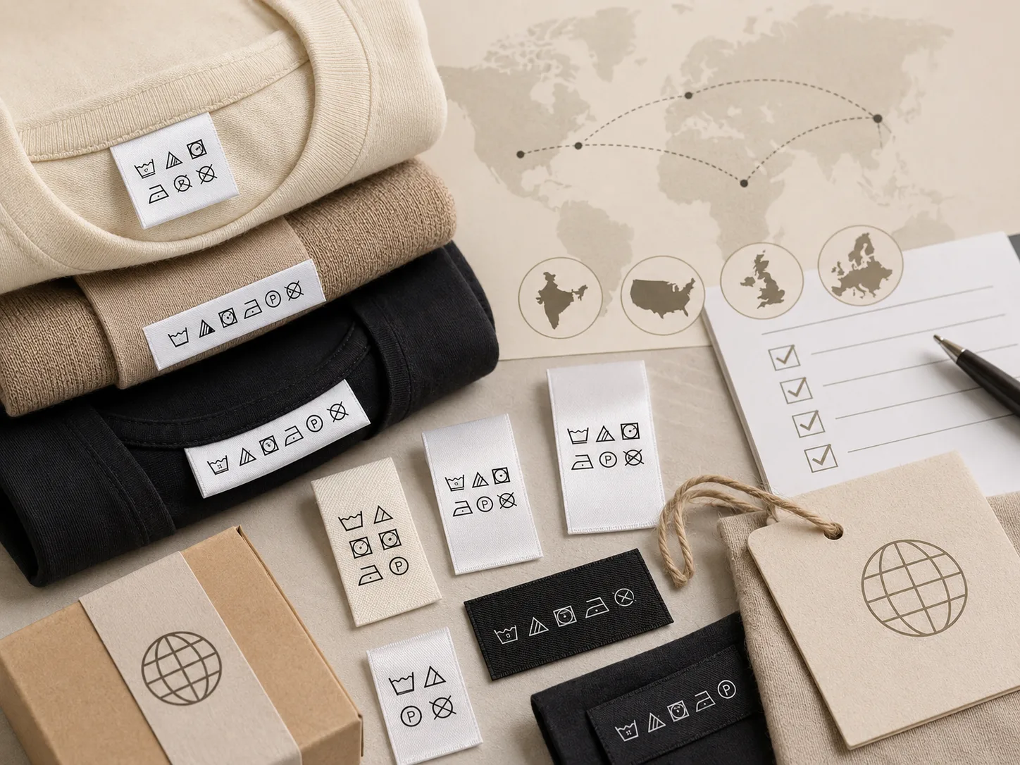 A garment care label showing fibre content, ISO 3758 wash symbols, country of origin and size — the legally required elements for India and export markets