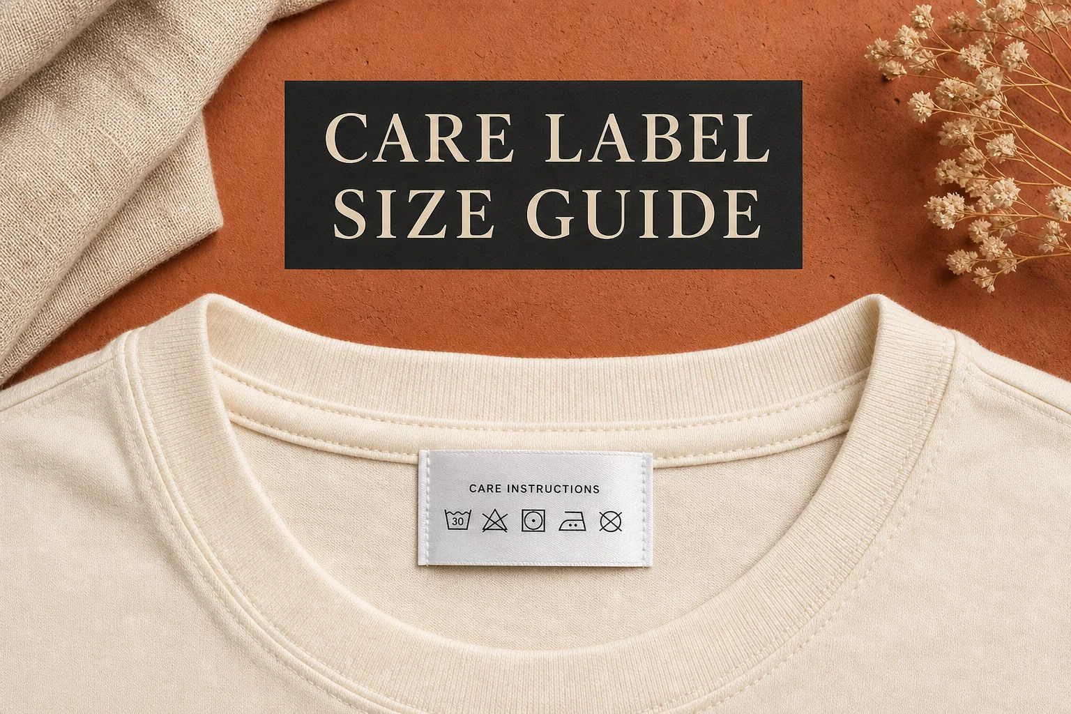 Wash-care label size guide shown on a cream garment neckline