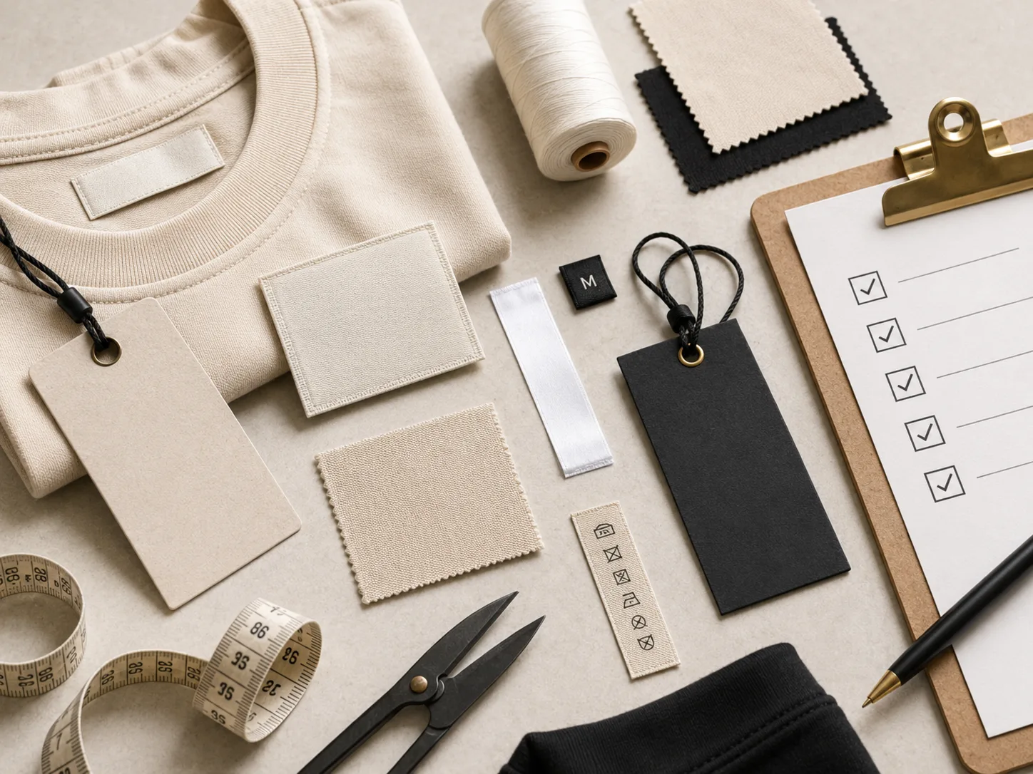 A flat-lay checklist for a new clothing brand — woven neck label, printed care label, size tab and hang tag laid out on a garment