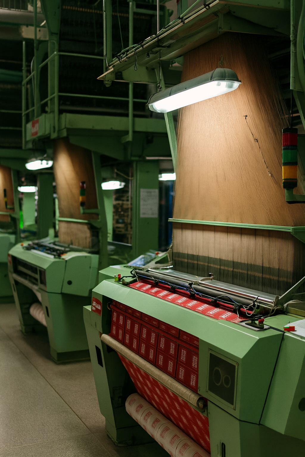 Labelwala factory in Ahmedabad — jacquard looms weaving custom clothing labels