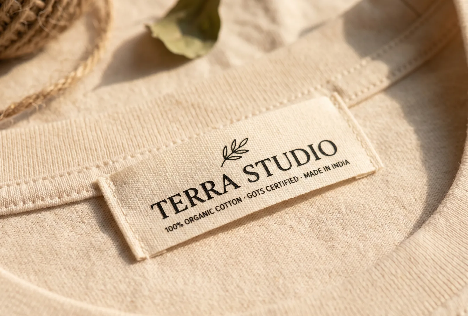 Undyed cotton neck label printed Terra Studio · 100% organic cotton · GOTS certified · Made in India with a small leaf icon, stitched into the inside neck of a natural cotton t-shirt — example of an organic cotton label for eco-friendly fashion brands