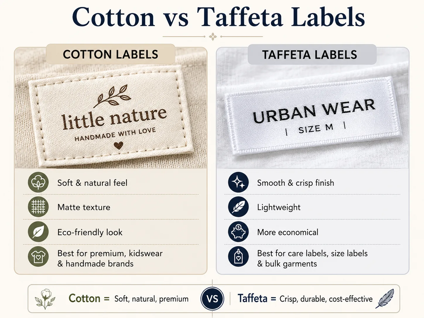 Cotton woven label next to a taffeta printed label on cream fabric — natural matte fibre vs synthetic tight-weave, illustrating the eco-vs-export trade-off