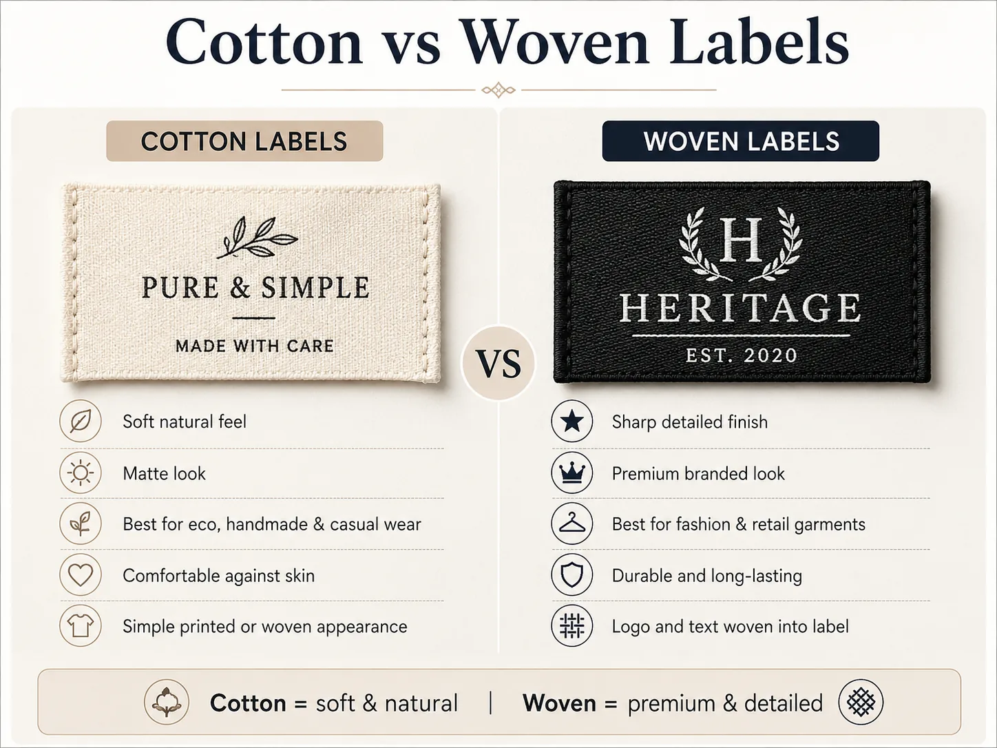 Cotton woven label next to a polyester woven label on neutral fabric — same jacquard weave, different fibre, illustrating the natural vs synthetic fibre choice