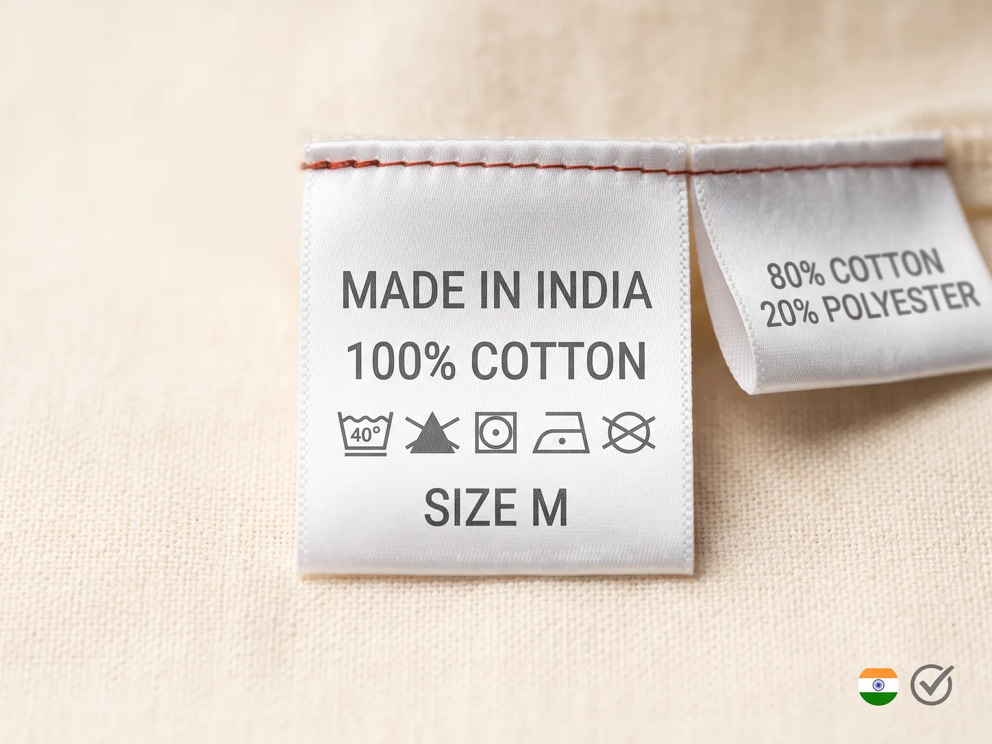 Two garment care labels on cotton fabric: one reads Made in India, 100% cotton, Size M with wash-care symbols; the other reads 80% cotton 20% polyester, beside an India flag and a compliance check mark