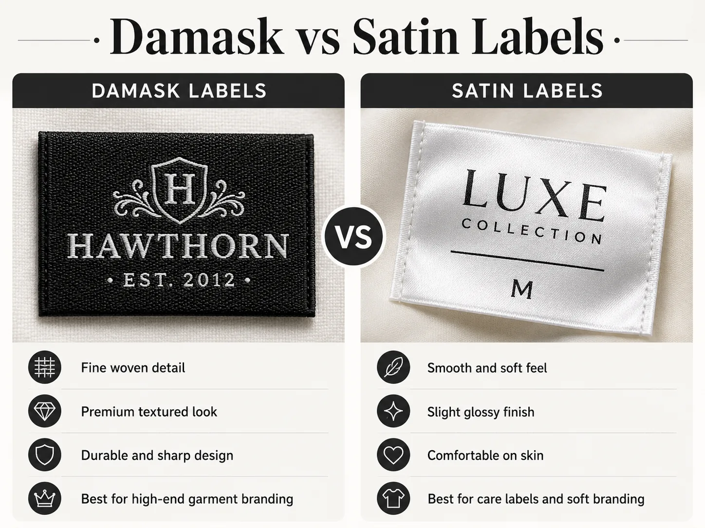 Damask woven label next to a satin printed label on cream silk — silky woven detail vs glossy printed colour, illustrating two roads to a premium label feel