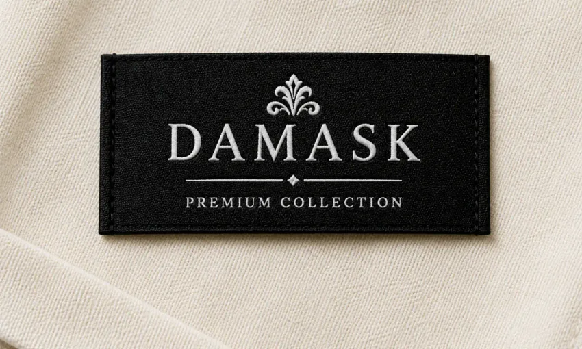 Premium damask woven label with intricate weave detail