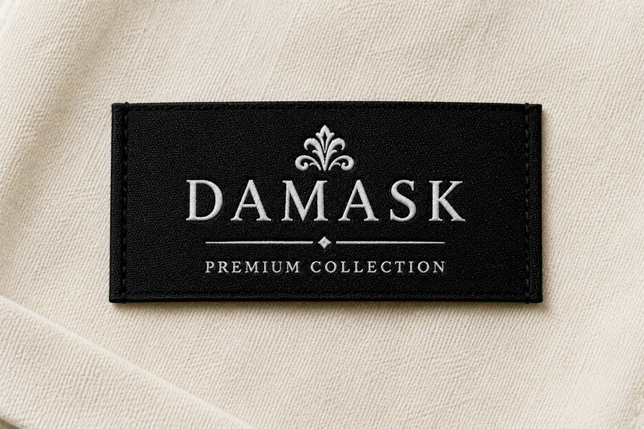 Premium damask woven label with intricate weave detail