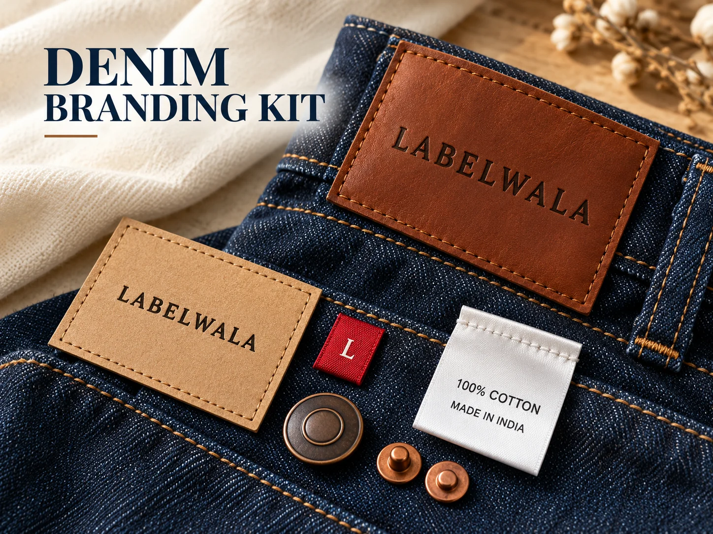 Denim branding set with Labelwala leather and jacron patches, woven tab, care label and copper hardware.