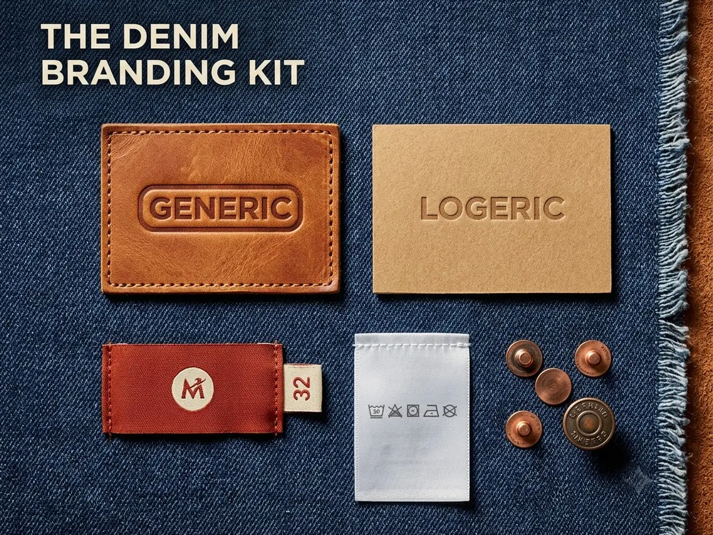 The denim branding kit on a jean: an embossed leather patch, a jacron leather patch, a red woven flasher label with size tab, a white wash-care label and copper jeans buttons