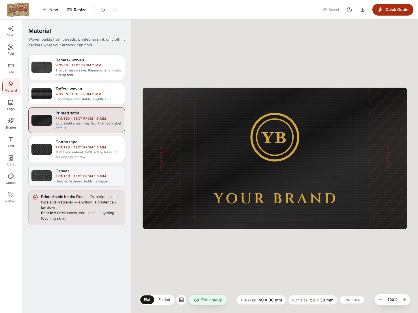 Labelwala's online label designer with a black and gold woven label on the canvas