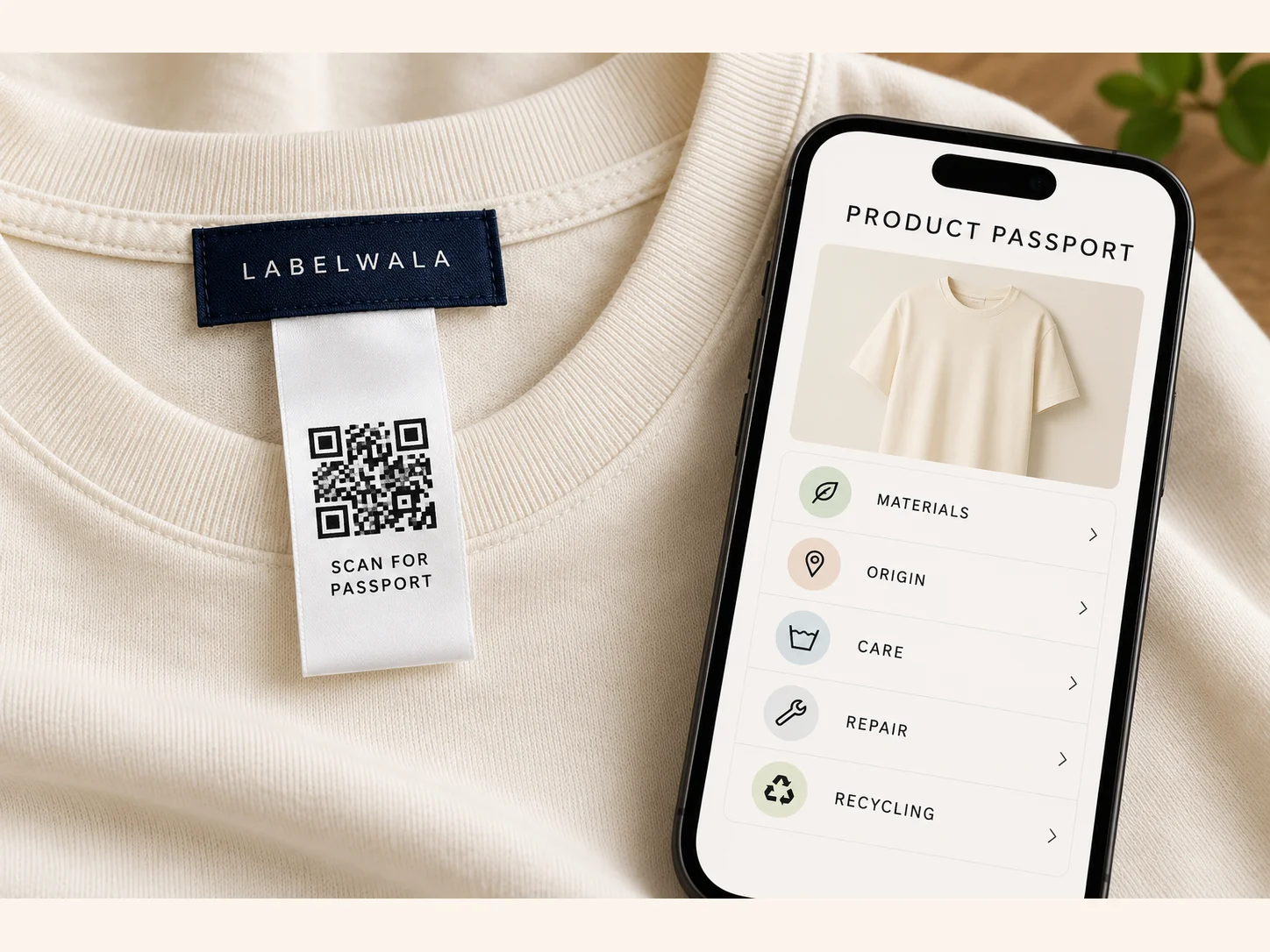 Garment QR label beside a smartphone displaying a product passport concept with materials, origin, care, repair and recycling sections.