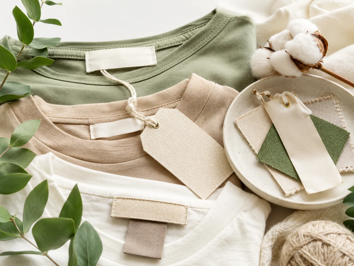 Sustainable clothing labels in organic cotton and recycled polyester with natural, unbleached tones for an eco-conscious fashion brand