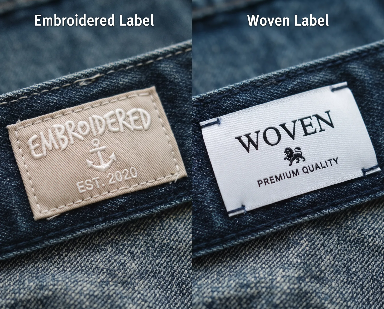 Side-by-side on denim: a raised beige embroidered patch reading Embroidered, Est. 2020, next to a flat white woven label reading Woven, Premium Quality