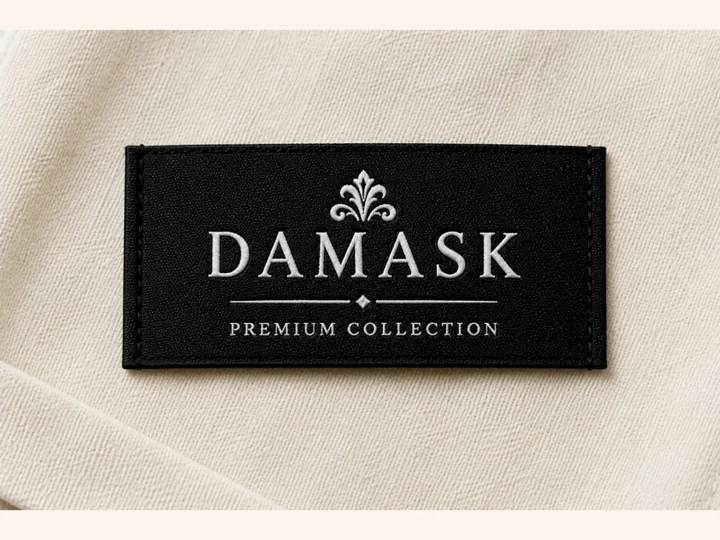 A black damask brand label with folded ends sewn neatly onto cream fabric.