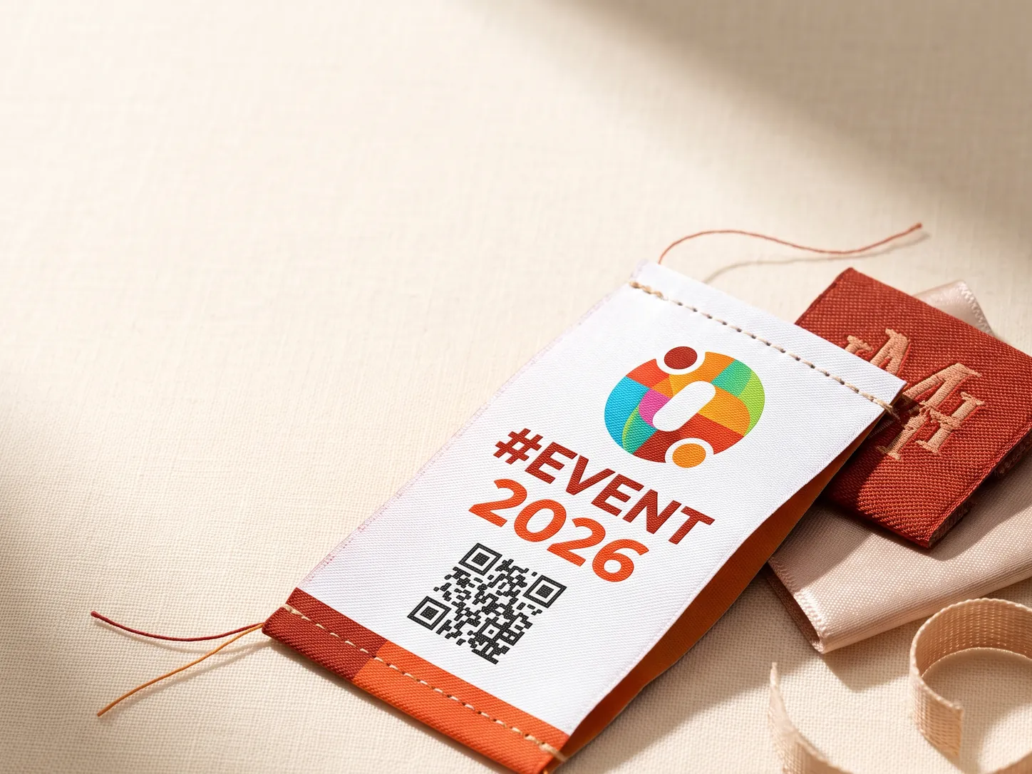 Custom woven event label printed with #EVENT 2026 and a scannable QR code, beside promotional merch labels and a woven ribbon for a campaign giveaway