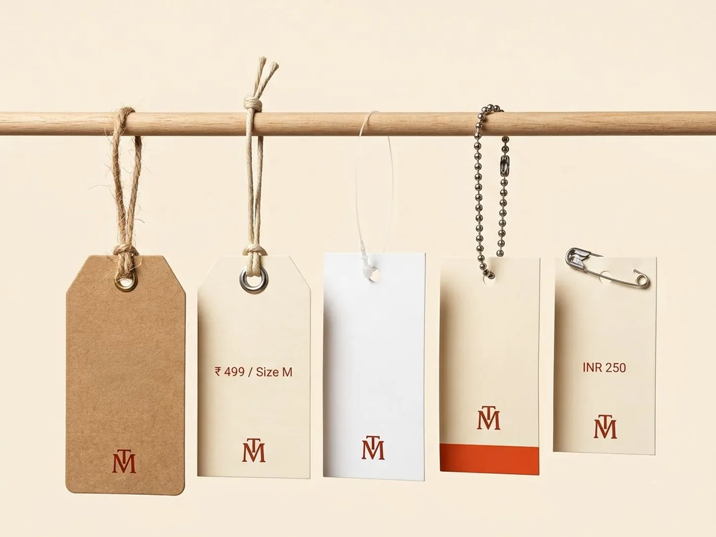 Five clothing hang tags hanging from a wooden rod, each attached a different way (jute string, string with a metal eyelet, plastic loop, ball chain and a safety pin), with TM branding and rupee prices