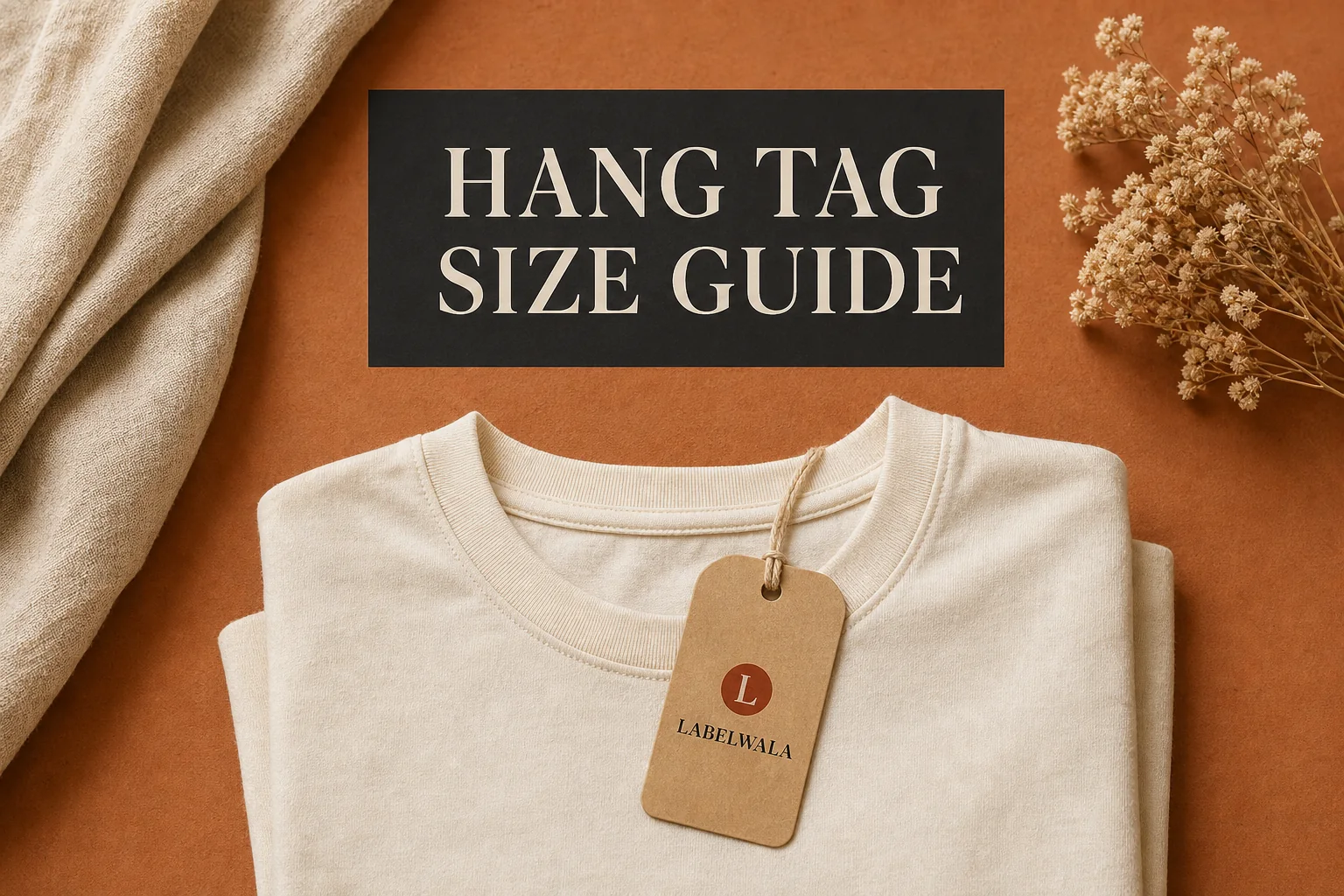 Kraft paper hang tag attached to a folded cream T-shirt
