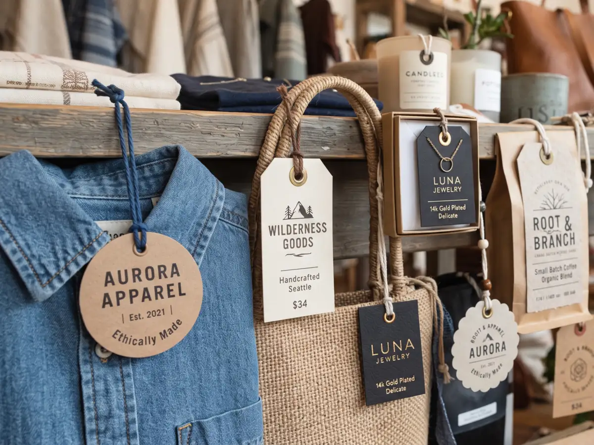 A set of custom clothing hang tags in different shapes and materials with strings, ready to attach to garments