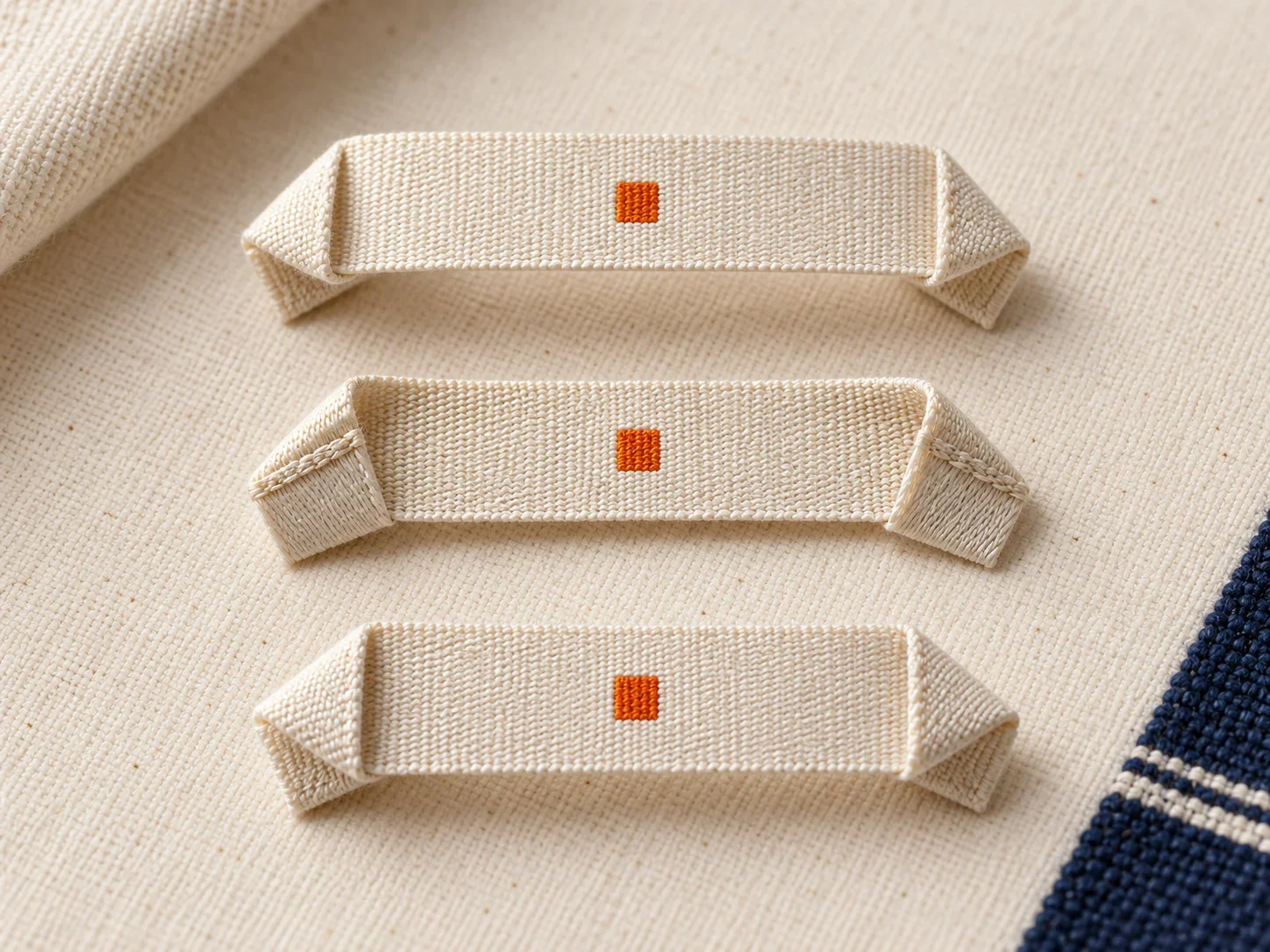 Three woven hanger-loop samples photographed with their angled folds and attachment tabs visible.