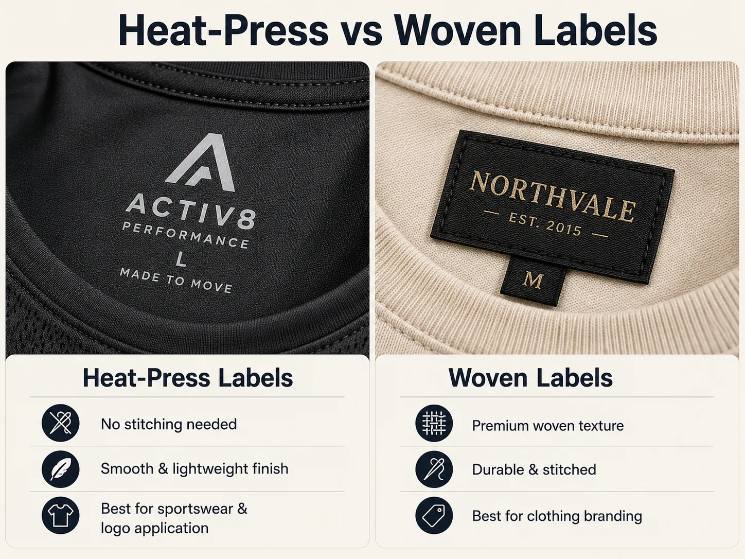 Heat-press tagless print on an activewear shirt next to a traditional woven label stitched into the neckline — illustrating the no-fabric vs woven trade-off