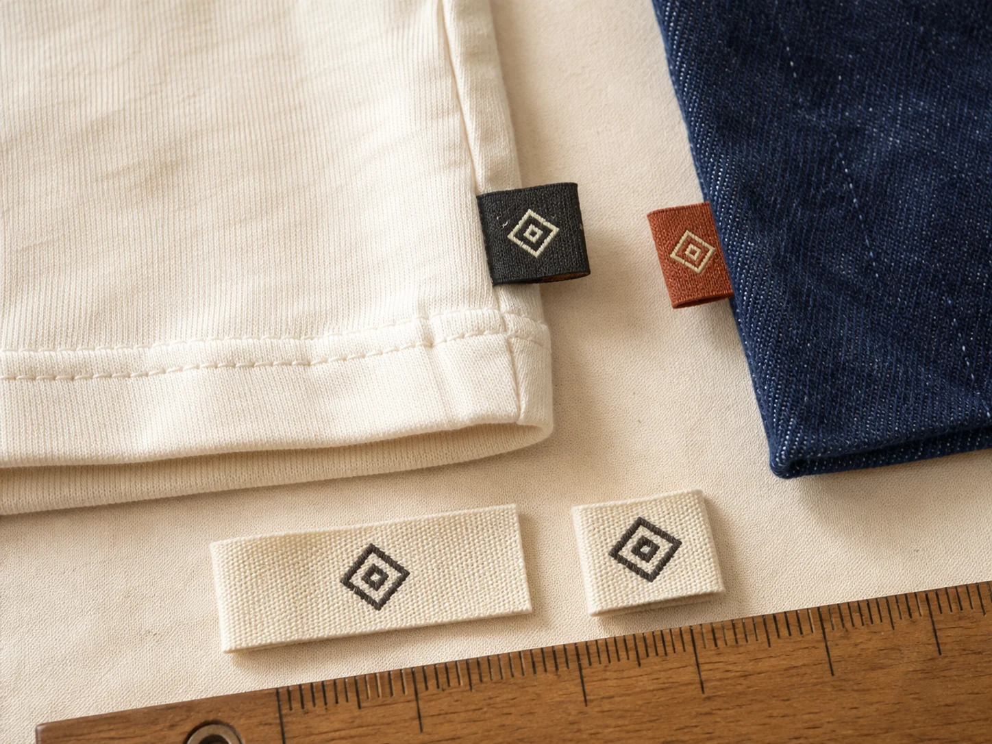 Woven hem tags on cotton and denim with flat and folded samples