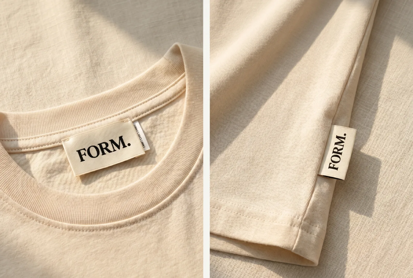 Split-view of a cream FORM. branded t-shirt — inside-neck label (left) and folded side-hem tag (right) — showing the two places a clothing brand can place its label