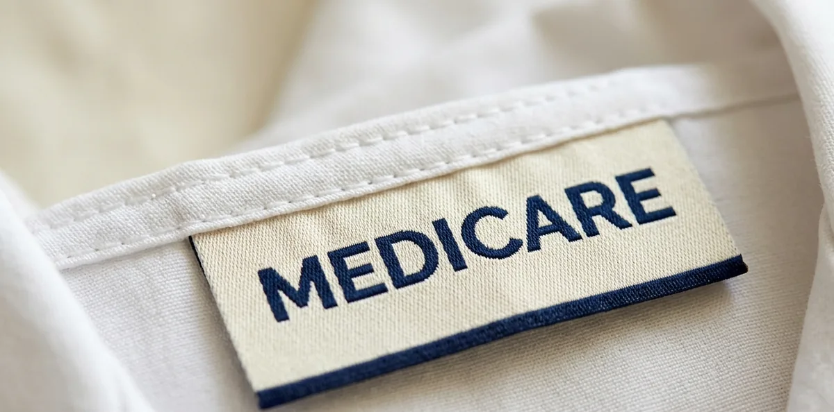 Woven Medicare brand label stitched into a white hospital uniform — example of a hospital uniform label supplied in India