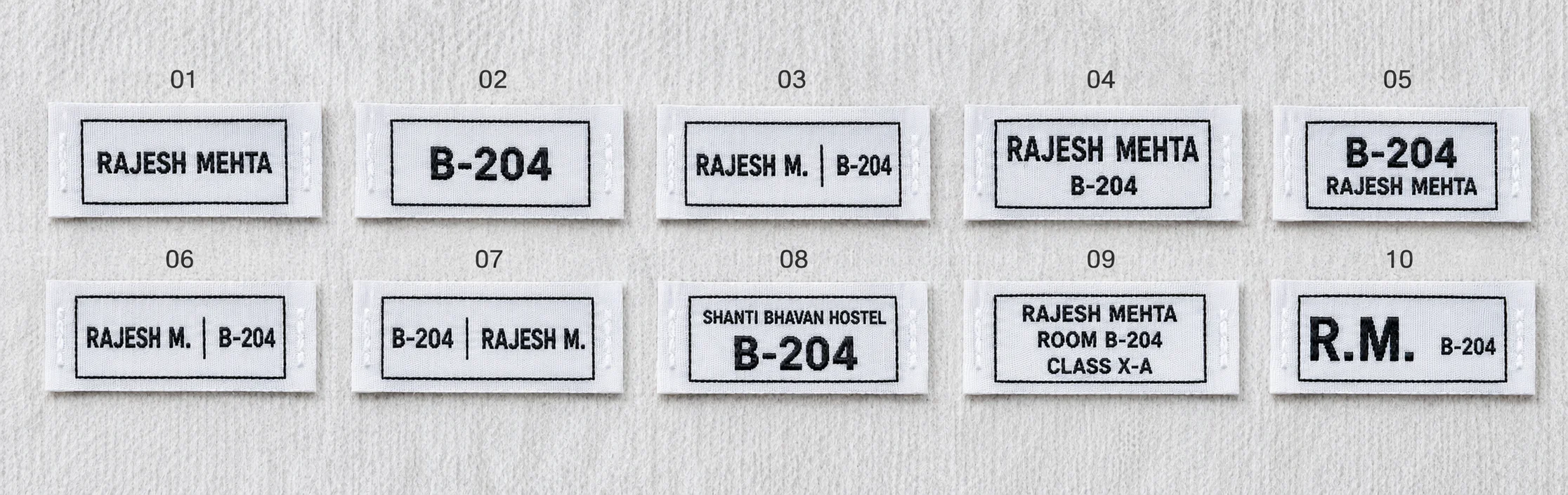 Ten layout options on a fixed 1 x 2 inch hostel name and number label — name only, number only, name+number, stacked, split, hostel name + room number variants