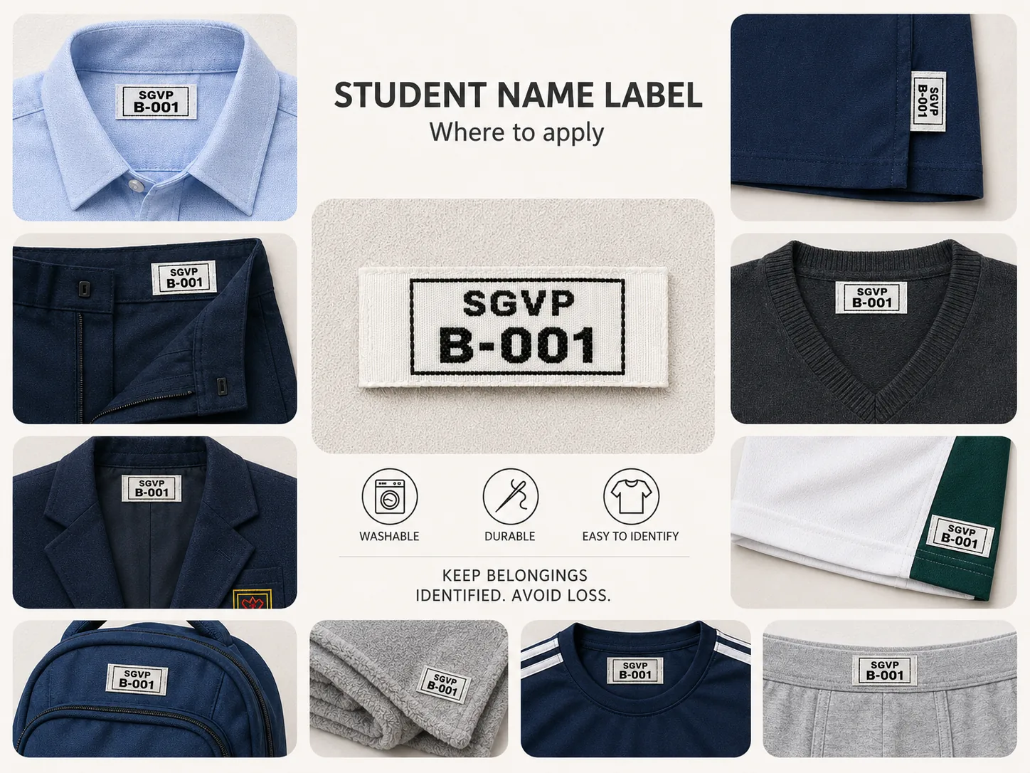 Stop hostel laundry mix-ups with woven name and number labels — B-204, A-118, C-307 stitched into hostel shirt collars
