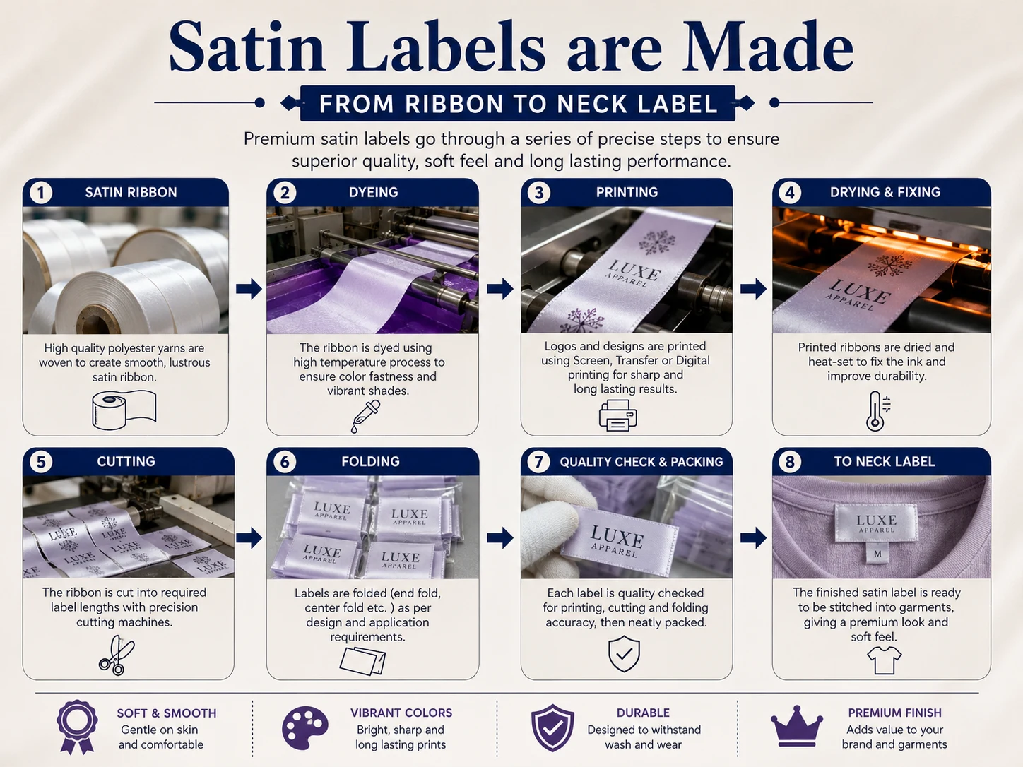 Infographic showing eight satin label production steps from satin ribbon and dyeing through printing, drying, cutting, folding, quality checking and sewing into a neck label