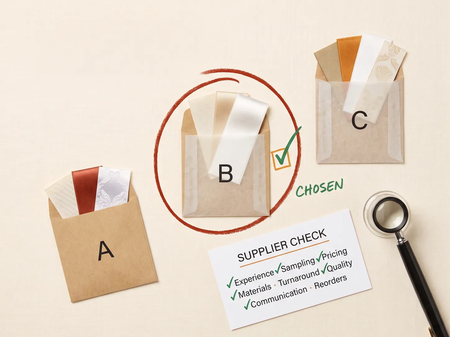 Comparing three label suppliers A, B and C by their sample envelopes, supplier B circled as chosen: beside a supplier checklist covering experience, sampling, pricing, materials, quality and reorders