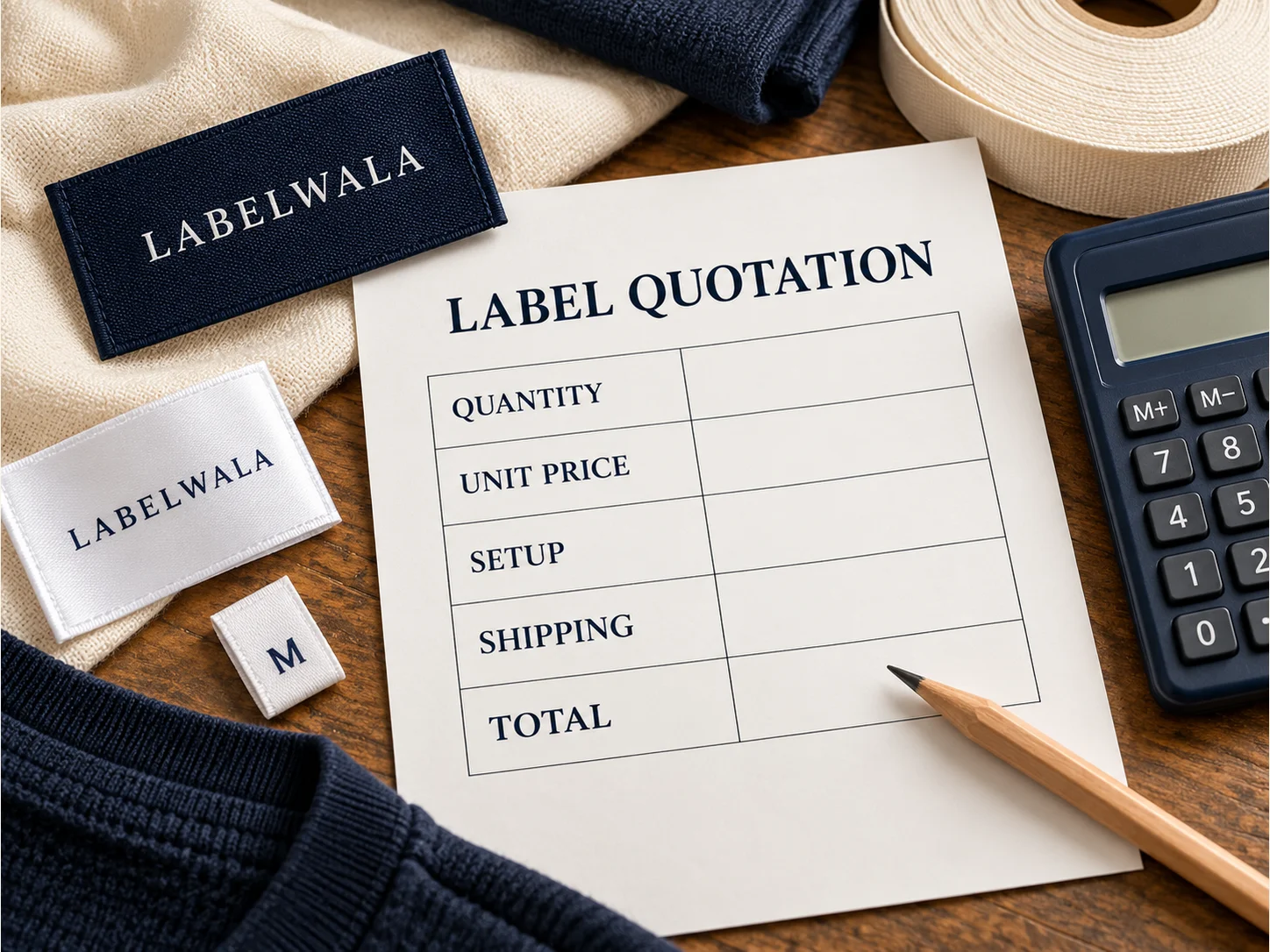 Label quotation sheet with quantity, unit price, setup, shipping and total rows beside label samples and a calculator.