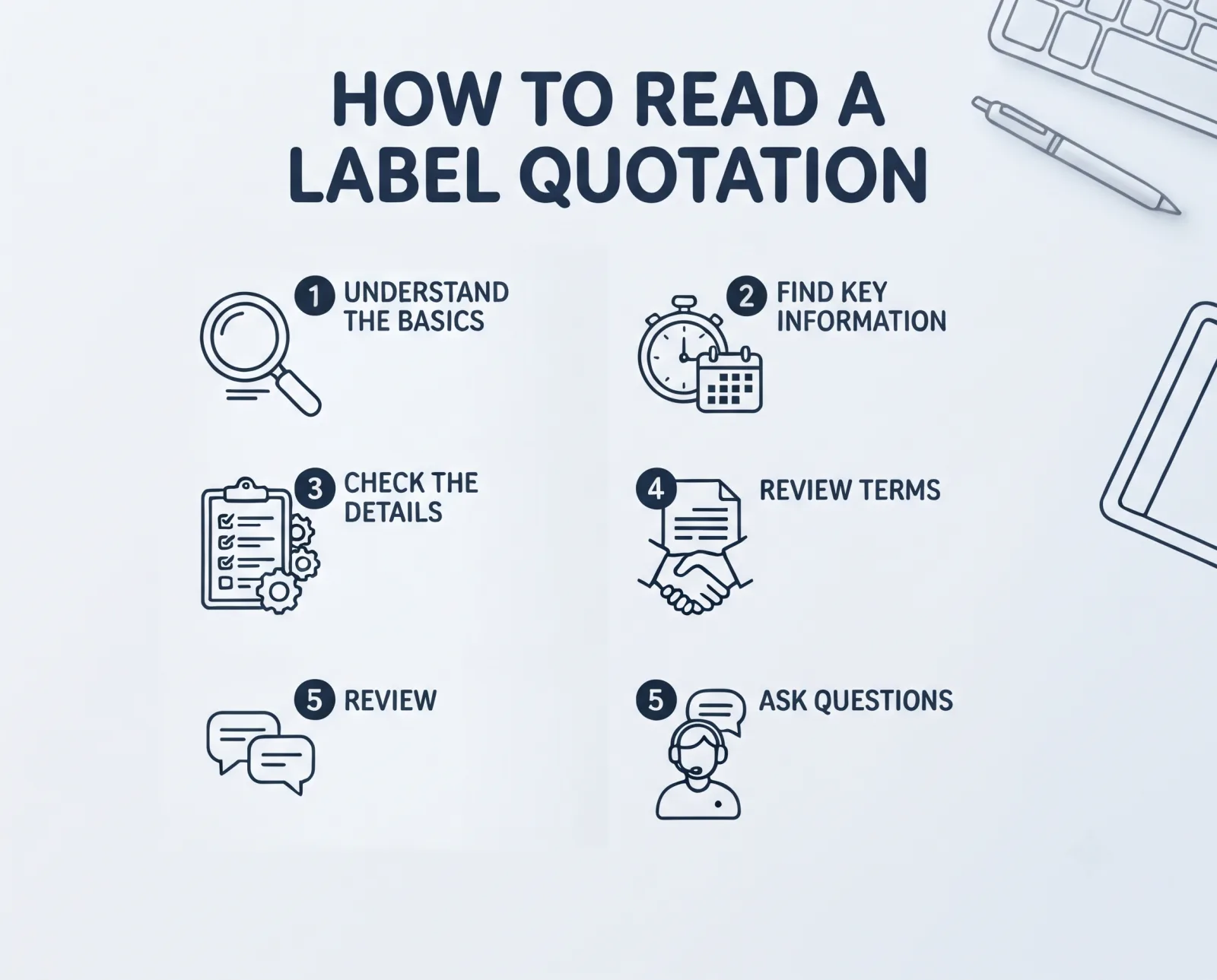 Infographic titled How to Read a Label Quotation, with line-art steps: understand the basics, find key information, check the details, review terms, review, and ask questions
