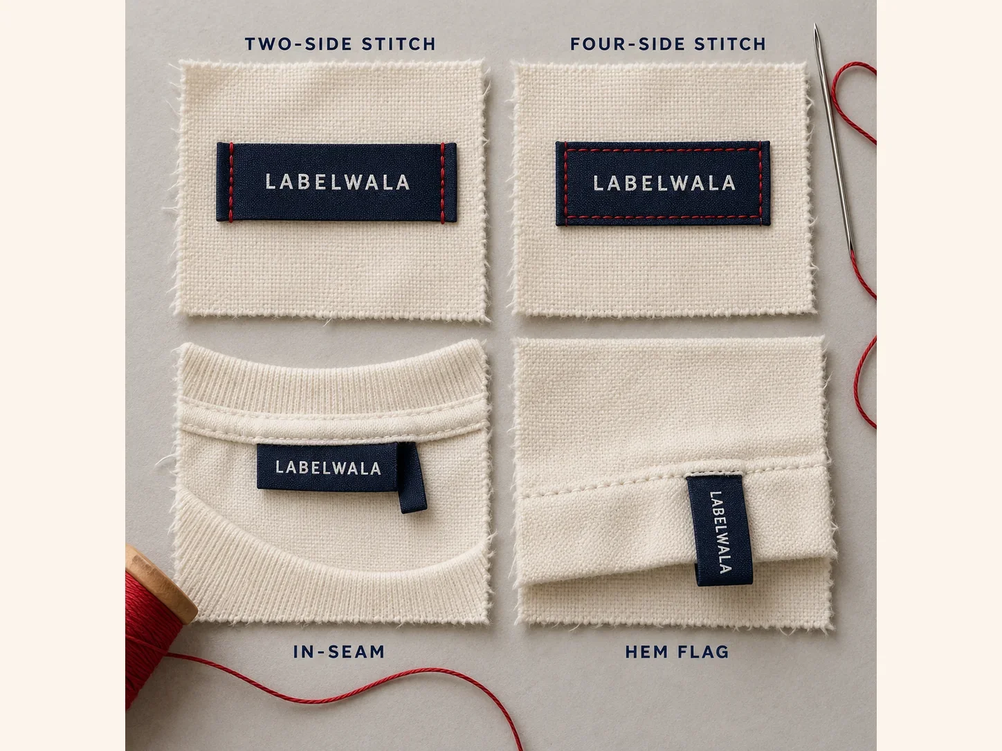 Photographed woven labels attached with two-side stitches, four-side stitches, seam insertion and a hem flag.