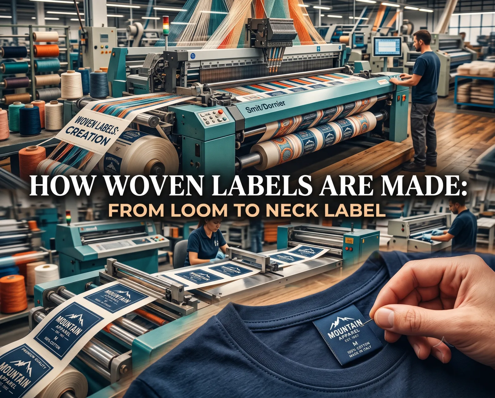 A jacquard loom weaving custom woven labels from spools of coloured thread, a finishing station cutting the woven label strip, and a finished navy Mountain Apparel woven label sewn into a t-shirt neckline