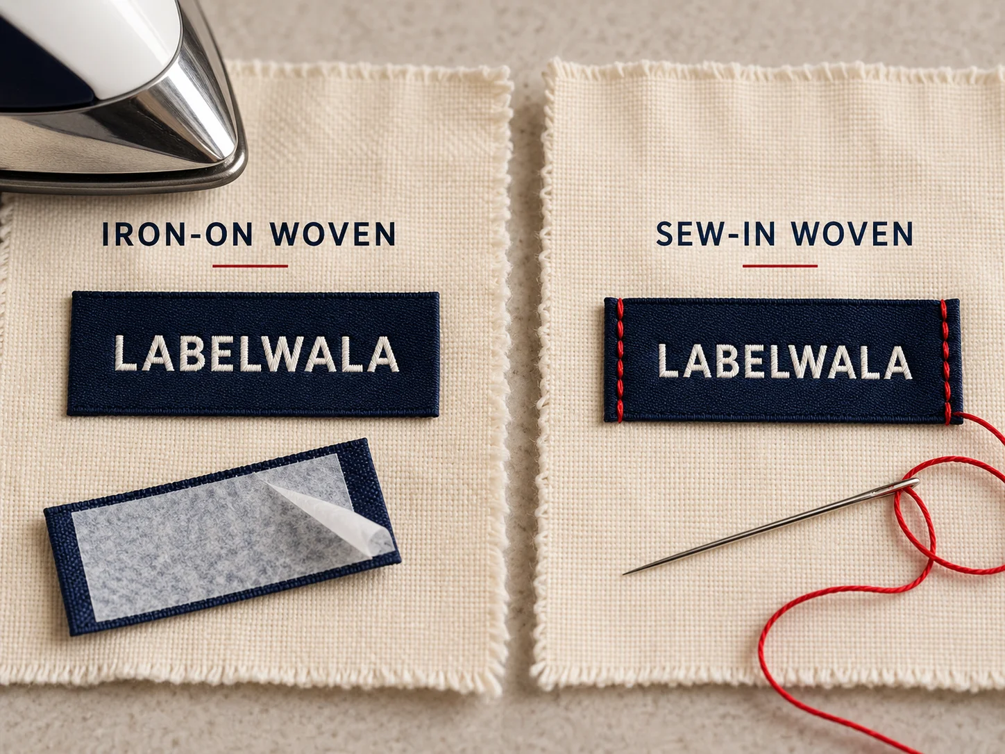 Woven fabric labels comparing an adhesive-backed iron-on attachment with a stitched sew-in attachment.
