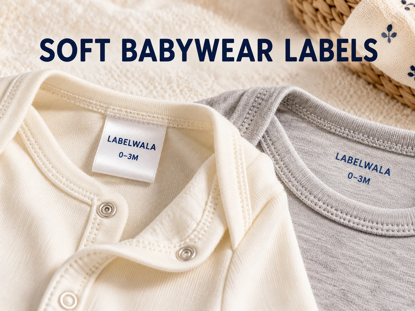 Soft baby garments with a rounded satin size label and a tagless neck print.