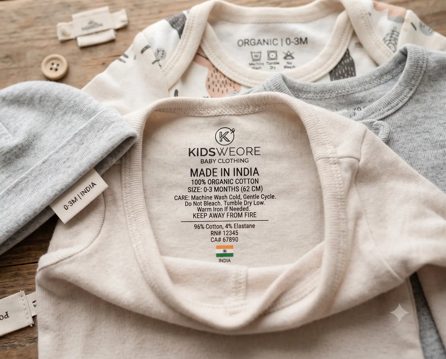 Organic cotton baby clothing with a soft printed care label showing Made in India, 100% organic cotton, wash-care symbols and 0-3M size