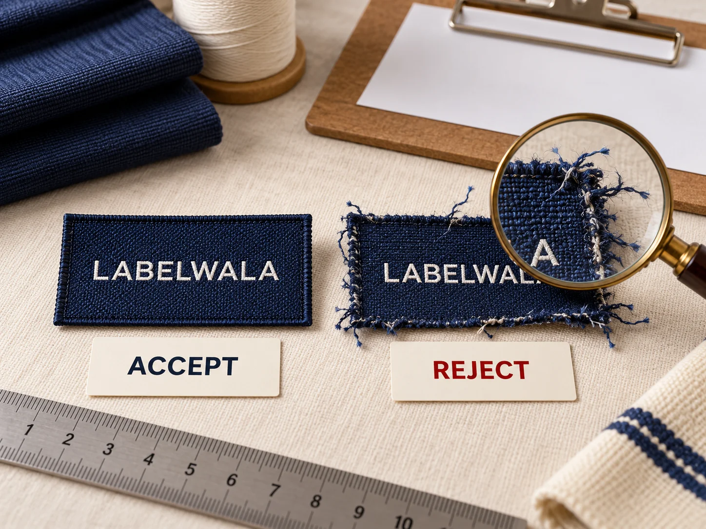 Clean woven label beside a frayed defective label under a magnifying glass, marked Accept and Reject.