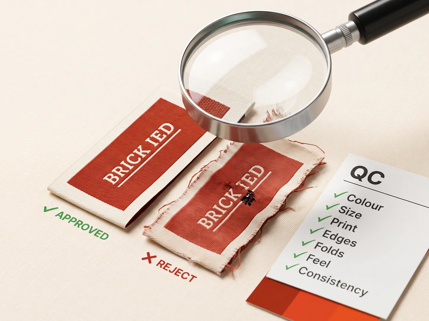 Label quality-check: an approved woven label beside a rejected one with frayed edges and a print defect, a magnifying glass, and a QC checklist ticking colour, size, print, edges, folds, feel and consistency