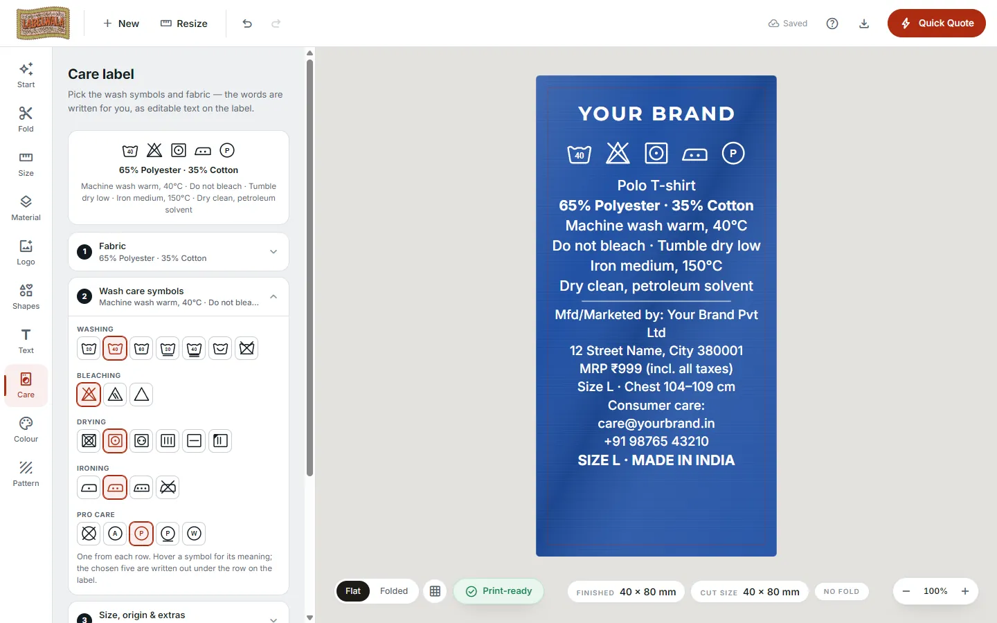 The Care tab of the designer with all five symbol groups in one grid beside a navy satin care label with symbols, composition and declarations