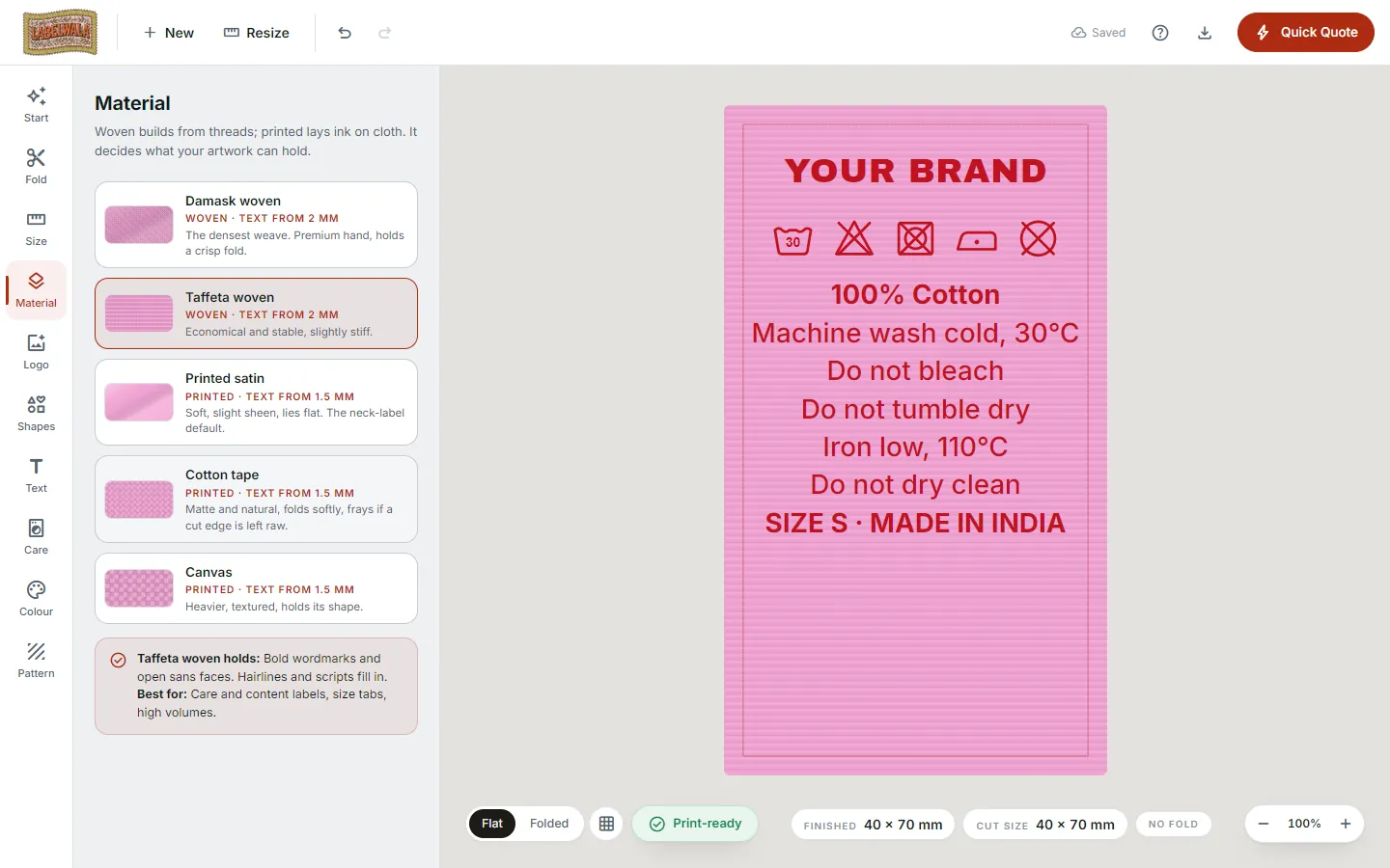 The Material panel with a pink woven taffeta care label on the canvas showing the fabric texture